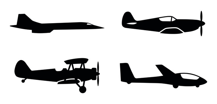 Aircraft silhouettes collection featuring jet plane propeller aircraft glider and biplane.
