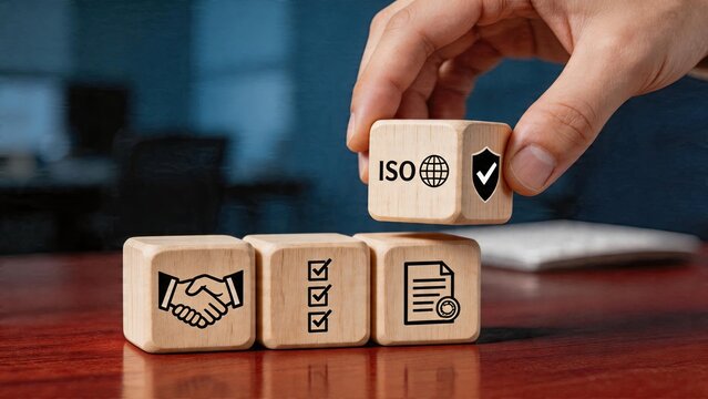 Business man placing wooden block with iso 9001 certification symbol check mark on shield icon handshake quality control standard document checklist office work concept of