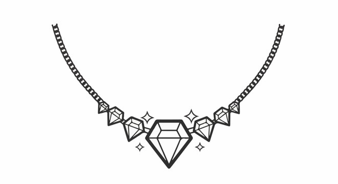 A stylized black and white outline of a diamond necklace with sparkling accents