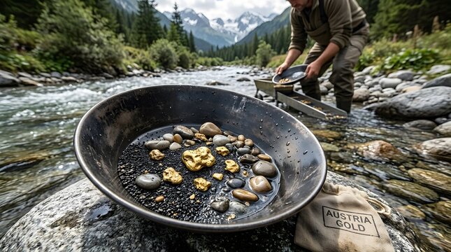 Gold prospecting scene with person panning in mountain river