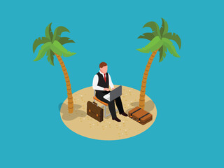 Obraz premium Businessman Working on Laptop on Tropical Desert Island 3d isometric vector illustration