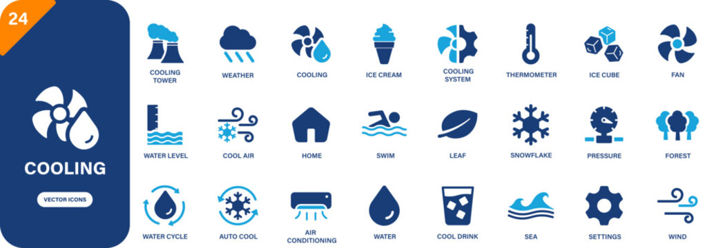 Cooling icon collection featuring ice cube, fan, water, cool air, snowflake and air conditioning symbols. Solid vector icons.