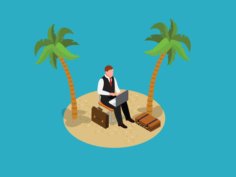 Businessman Working on Laptop on Tropical Desert Island 3d isometric vector illustration