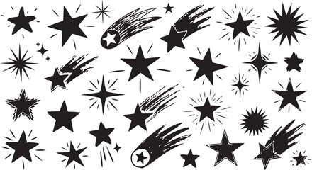 Fototapeta premium Hand drawn stars and brush strokes in grunge style with black ink on white background for graphic design elements