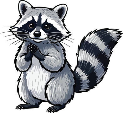 Raccoon begging on white background with striped tail cute animal masked bandit animal kingdom graphic resource wildlife pleading adorable illustration clip art isolated portrait