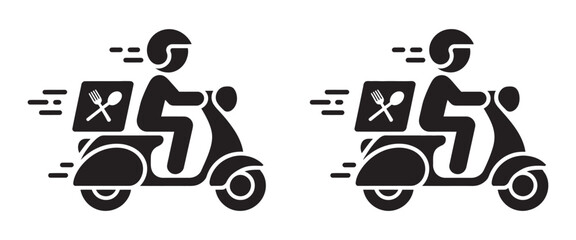 Motorcycle delivery person icon, scooter rider carrying package representing fast courier food delivery service logistics express shipping modern vector illustration © Ayat 04
