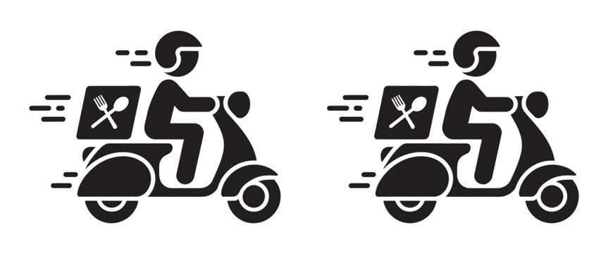 Motorcycle delivery person icon, scooter rider carrying package representing fast courier food delivery service logistics express shipping modern vector illustration