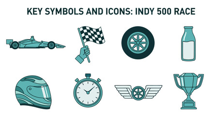 Fototapeta premium Icons of the Indy 500 race arranged in two rows including a race car checkered flag wheel milk bottle helmet clock winged wheel and trophy