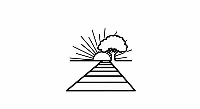 A stylized image depicts a path leading towards a rising sun and a lone tree