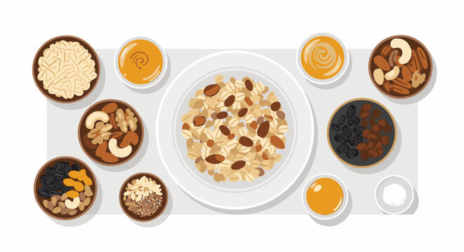 A top-down view of a breakfast table with bowls of cereal and nuts