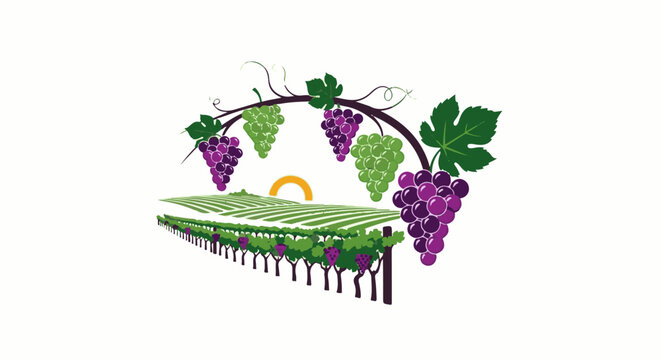 A stylized vineyard with ripe purple and green grape clusters hanging from vines