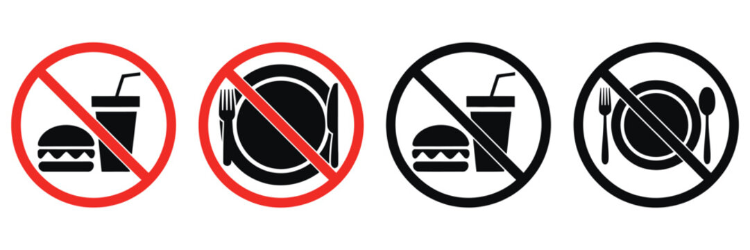 No food no drink vector icon set, restriction symbols for public spaces, safety signage and access rules in clean flat design.