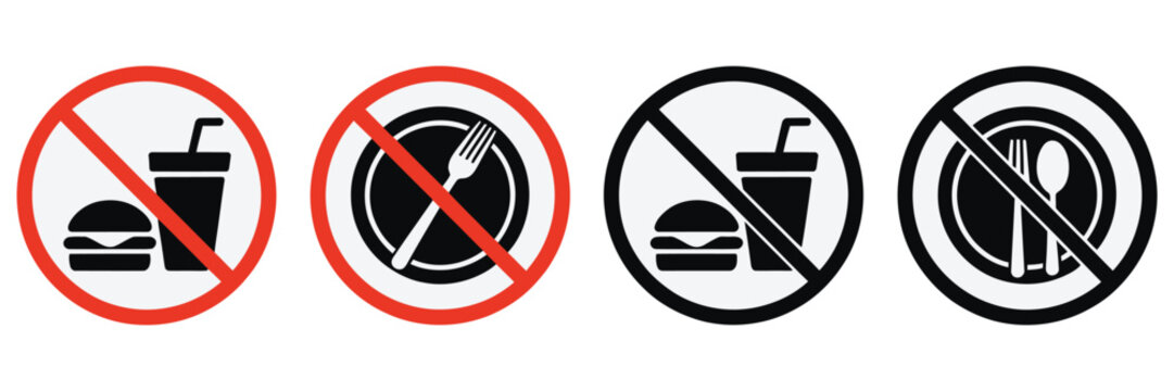 No food no drink vector icon set, restriction symbols for public spaces, safety signage and access rules in clean flat design.