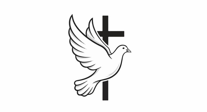 A white dove with spread wings is in flight next to a black cross