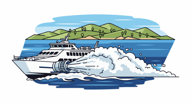 A white jet boat speeds through blue water, creating a large white spray, with green hills and trees in the background