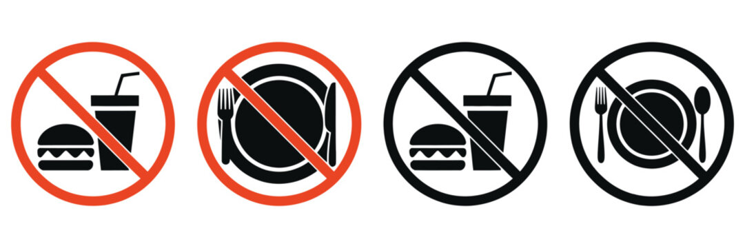 No food no drink vector icon set, restriction symbols for public spaces, safety signage and access rules in clean flat design.