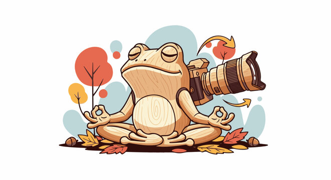 A wooden frog meditates with a camera on its back