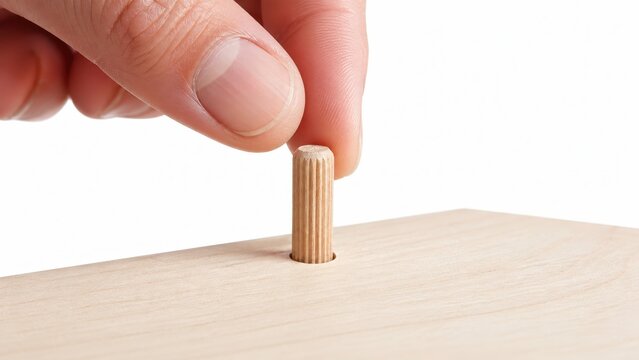 Extreme close up macro photography of two clean fingers gently pressing a fluted wooden dowel into a smooth birch wood board sharp focus on the wooden joint