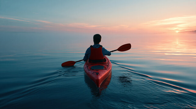Kayak paddler on calm lake at sunrise with mist and reflection