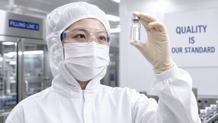 Naklejka premium Masked pharmaceutical cleanroom worker holding clear glass medical vial toward light.