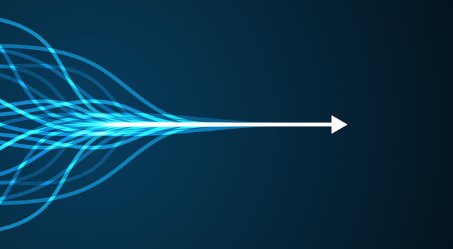 Abstract blue neon light trails, glowing lines, futuristic arrow motion, dark background