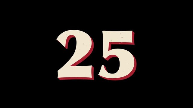 30-second vintage print-inspired countdown on black background with cream numbers, muted red offset shadow, subtle bouncing motion, and flickering grain texture.