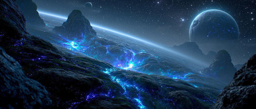 Alien planet landscape night sky starfield glowing blue terrain panoramic view deep space fantasy, mysterious atmosphere and awe inspiring beauty