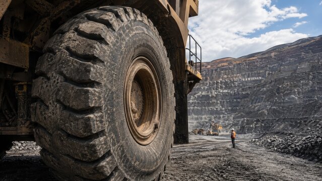 Gigantic muddy dump truck tire standing beside tiny human mine worker.