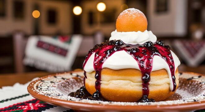 Close up shot of a papanasi, cheese donut with cherry and cream sauce dessert from Romania served in a plate against a Romanian traditional restaurant background