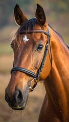 Obraz premium Brown horse with black bridle and white marking.