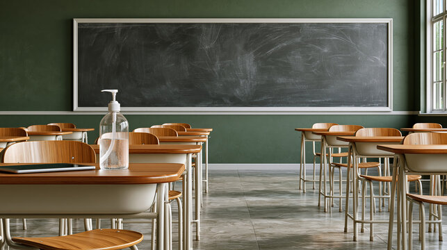 Modern classroom with spaced desk tablet on desk chalkboard sanitizer bottle empty seat green wall natural light school room
