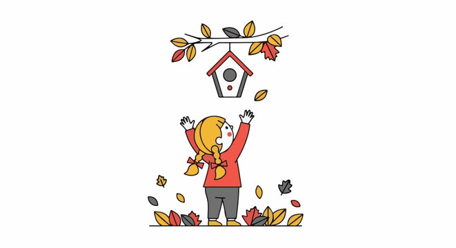 A young child reaches up towards a birdhouse hanging from a tree