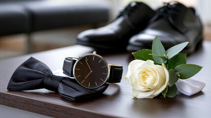 Naklejka premium Groom's Essentials. Elegant black bow tie, wristwatch, and white rose boutonniere arranged on a wooden surface with polished black dress shoes in the background