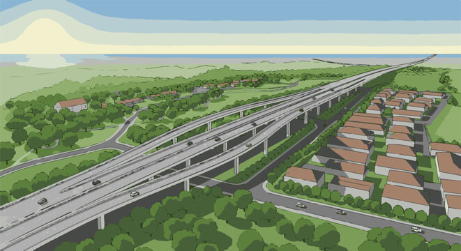 Aerial view of a complex highway interchange intersecting a green landscape with houses