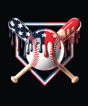 American flag themed baseball design with melting paint effect and crossed wooden bats vector