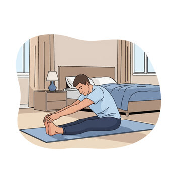 Flat vector illustration of a man sitting on a blue yoga mat in a bedroom, performing a seated forward bend exercise to stretch his hamstrings and back during a daily home wellness routine.