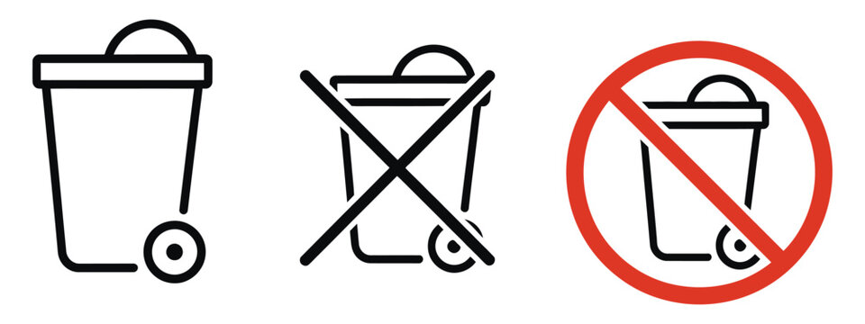 No trash waste bin icon vector, forbidden waste disposal sign symbol for environmental protection and restriction signage design.