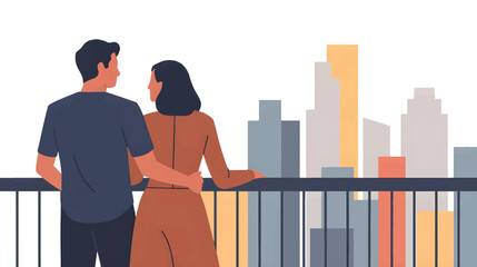 Couple looking out over city skyline from balcony © Tabassum Studio