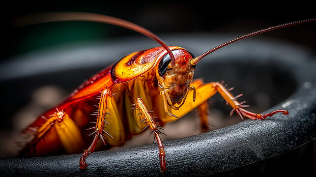 Close-up macro shot of a single brown cockroach insect pest with long antennae, dark background