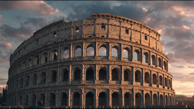 Witness the stunning colosseum during sunset with panoramic views of its structure and surrounding life, showcasing the beauty of history.