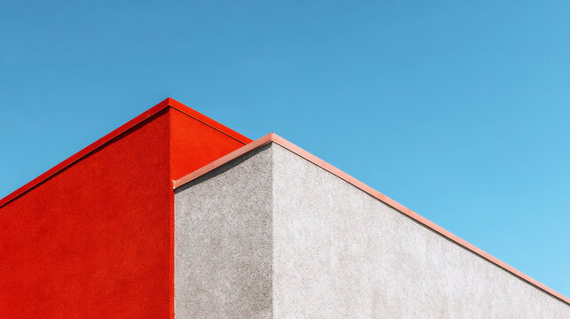 Modern architectural facade presenting red wall cladding over textured insulation block forming a sharp building corner with clear sky