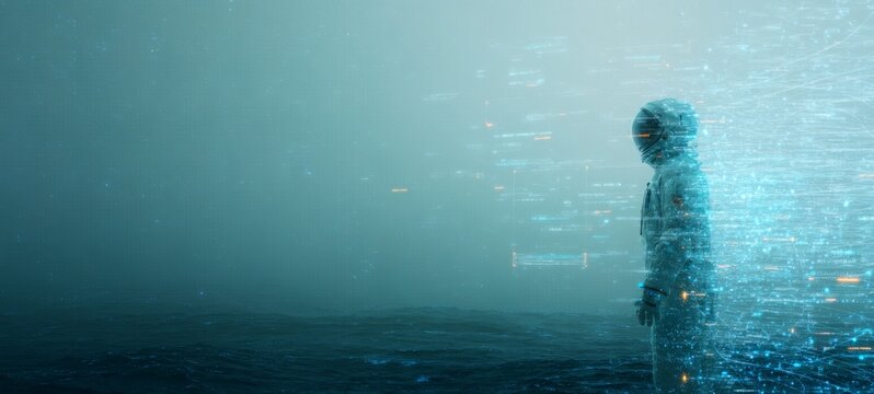 Human Tagged with Digital Data Labels in Futuristic Space, Concept of Identity and Data Classification, Minimal Composition with Rule of Thirds and Copy Space for Advertising Layout