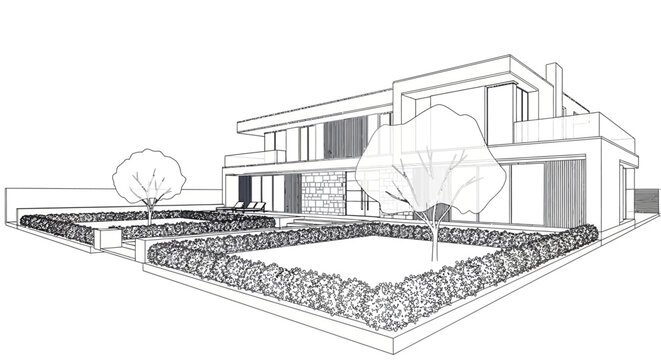 Contemporary architectural line art rendering of a modern house exterior with minimalist garden, ideal for building design projects, landscape planning, and digital downloads