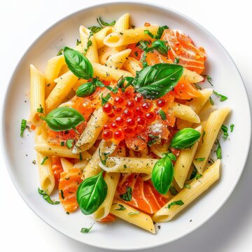 Fish Penne Pasta Al Dente with Salmon, Generative AI Illustration