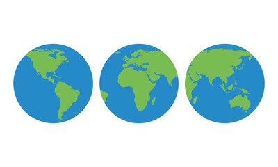 Obraz premium Three circular globes displaying diverse geographic perspectives of continents in a minimalist flat style isolated on a white background global connection concept
