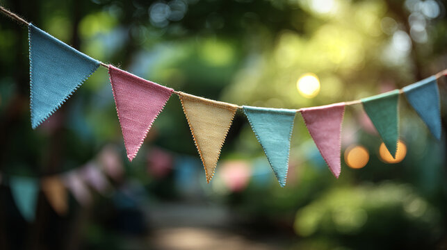 Fabric bunting flags in pastel colors decorating a sunny outdoor space, perfect for celebrations and events