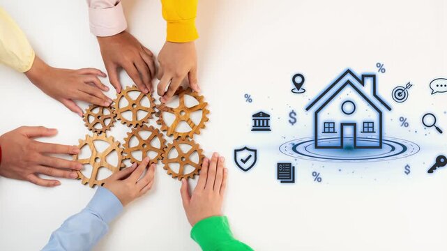 Collaborative hands working with gears and digital house icon representing real estate investment strategy, financial growth, and teamwork in business Gluon.