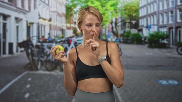 Woman holding green apple with finger to lips shushing on a bike lined urban street with buildings and trees visible; secrecy wellness.