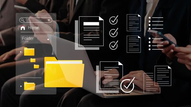 Business people using technology to manage documents and files with digital interfaces, highlighting productivity and organization in the modern workplace Gluon.