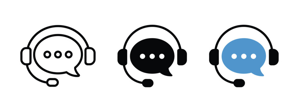 Customer service icon set with headset agent symbols and speech bubbles for support teams.